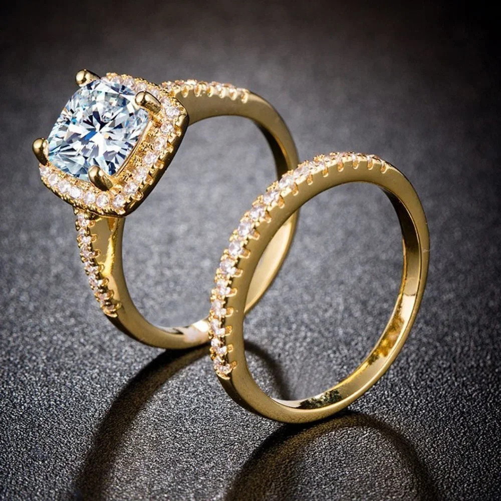 💕  18K Gold Plated Luxury Princess Cut 3A CZ Wedding Couple Ring, FB16FA1029-9
